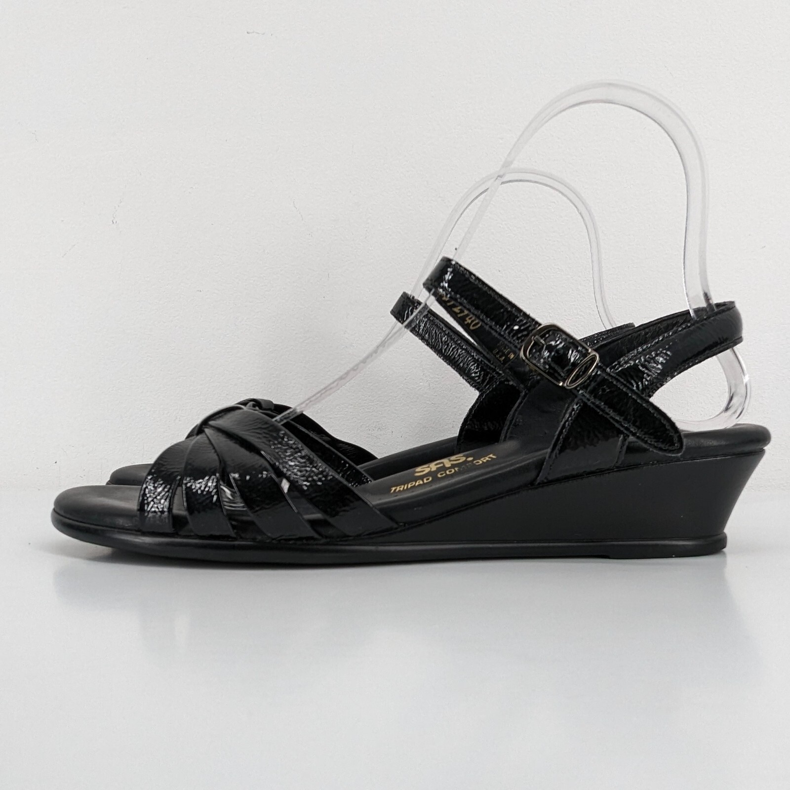 SAS Strippy Quarter Strap Womens Size 9 S Sandals Slim AAA Black Leather Wedge