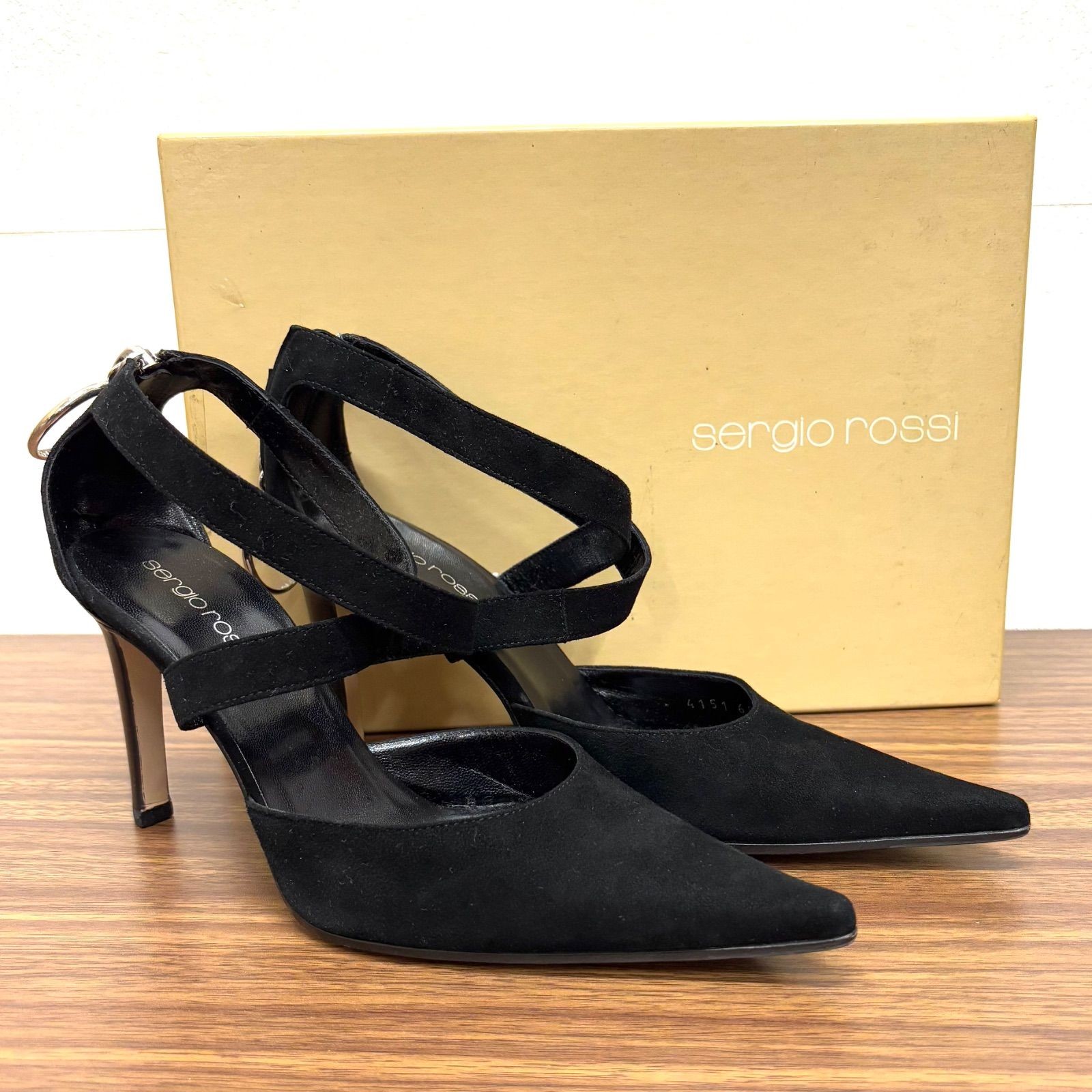 Rare Sergio Rossi Black Suede Pumps Sandals Heel 34.5 US 4.5 8.5cm Heel