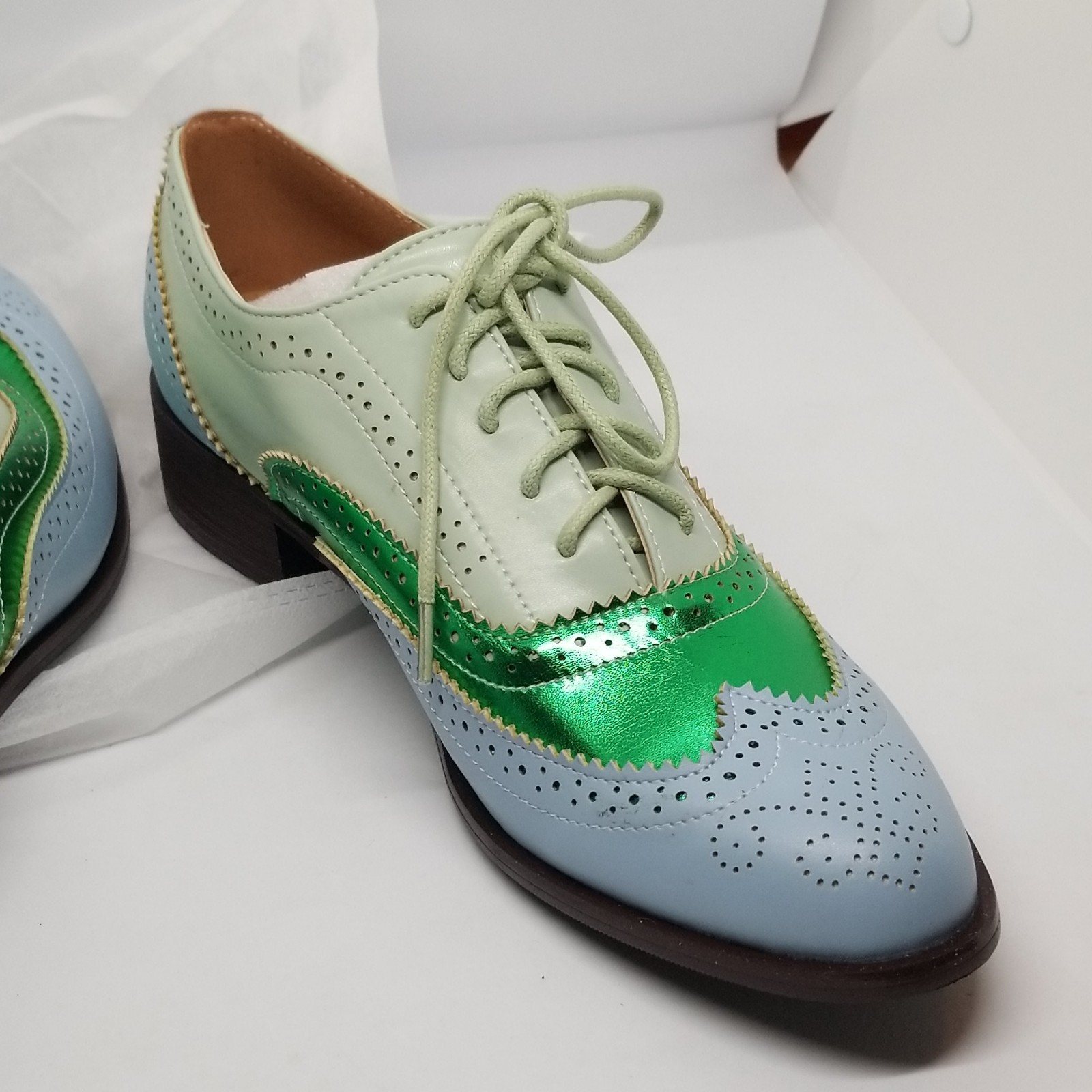 Size 9 Green Color Block Man Made Leather Wingtip Brogue Oxford Shoes