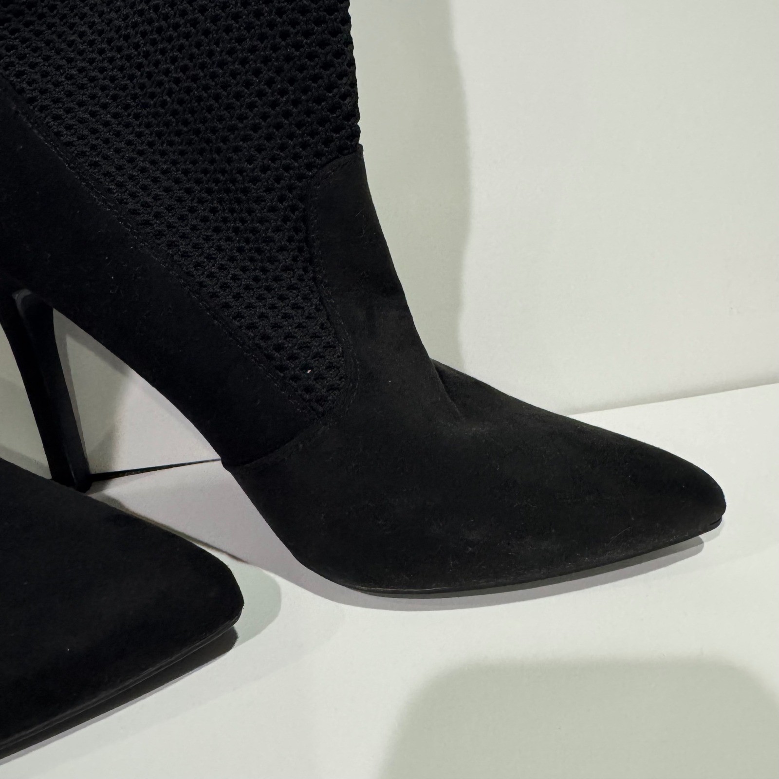 Anne Michelle Black Sock Booties Mesh Knit Stiletto Pointed Toe Mid Calf Size 8