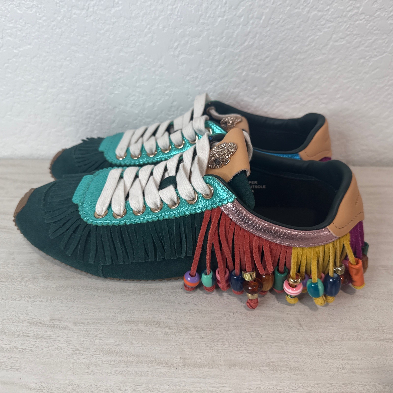 Kurt Geiger London Islington Green Suede Beaded Tassel Fringe Sne Shoe 8.5 Women