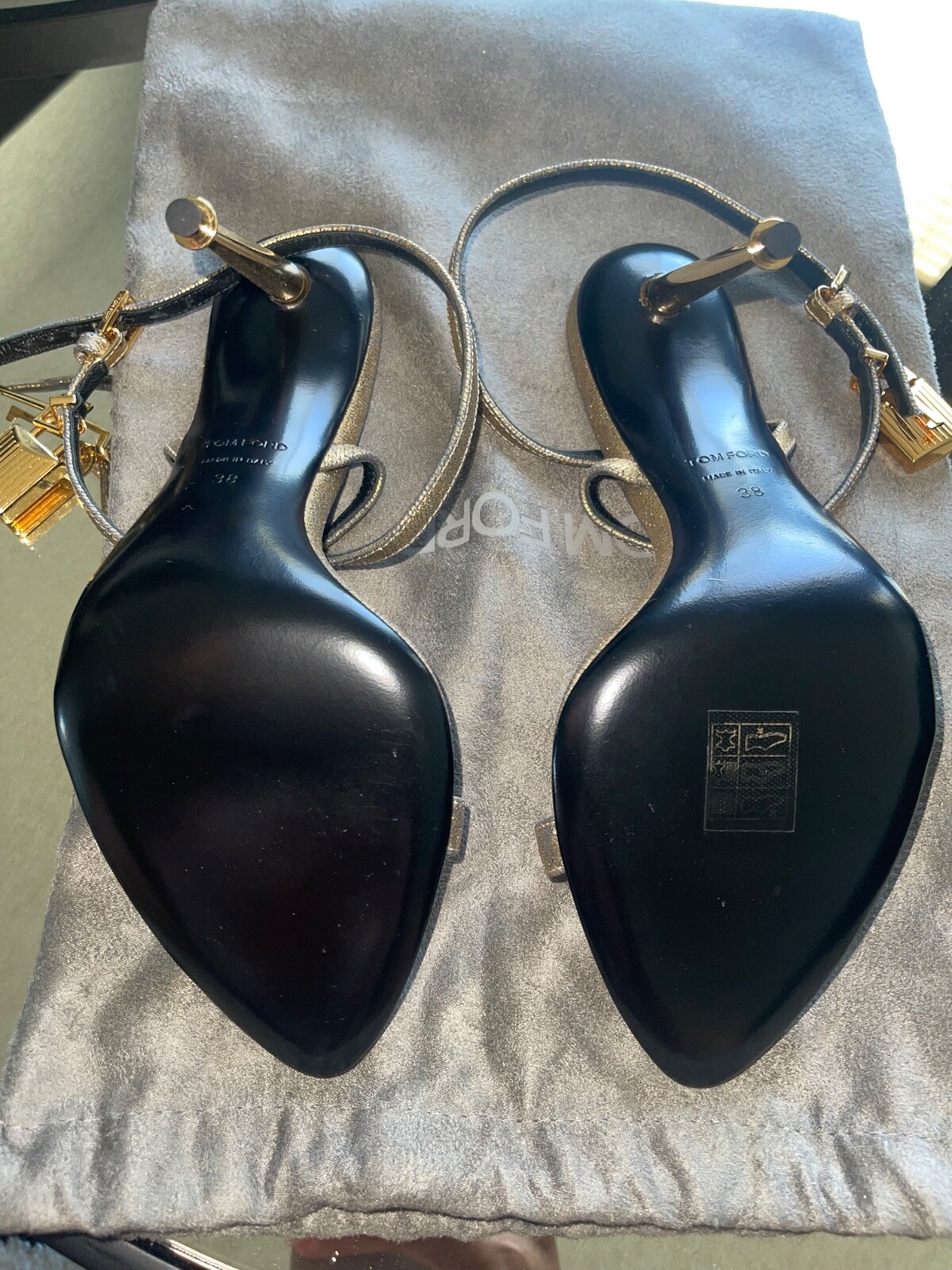100% Authentic Tom Ford Demin Gold Metallic Padlock Heels Size 38 NEVER WORN