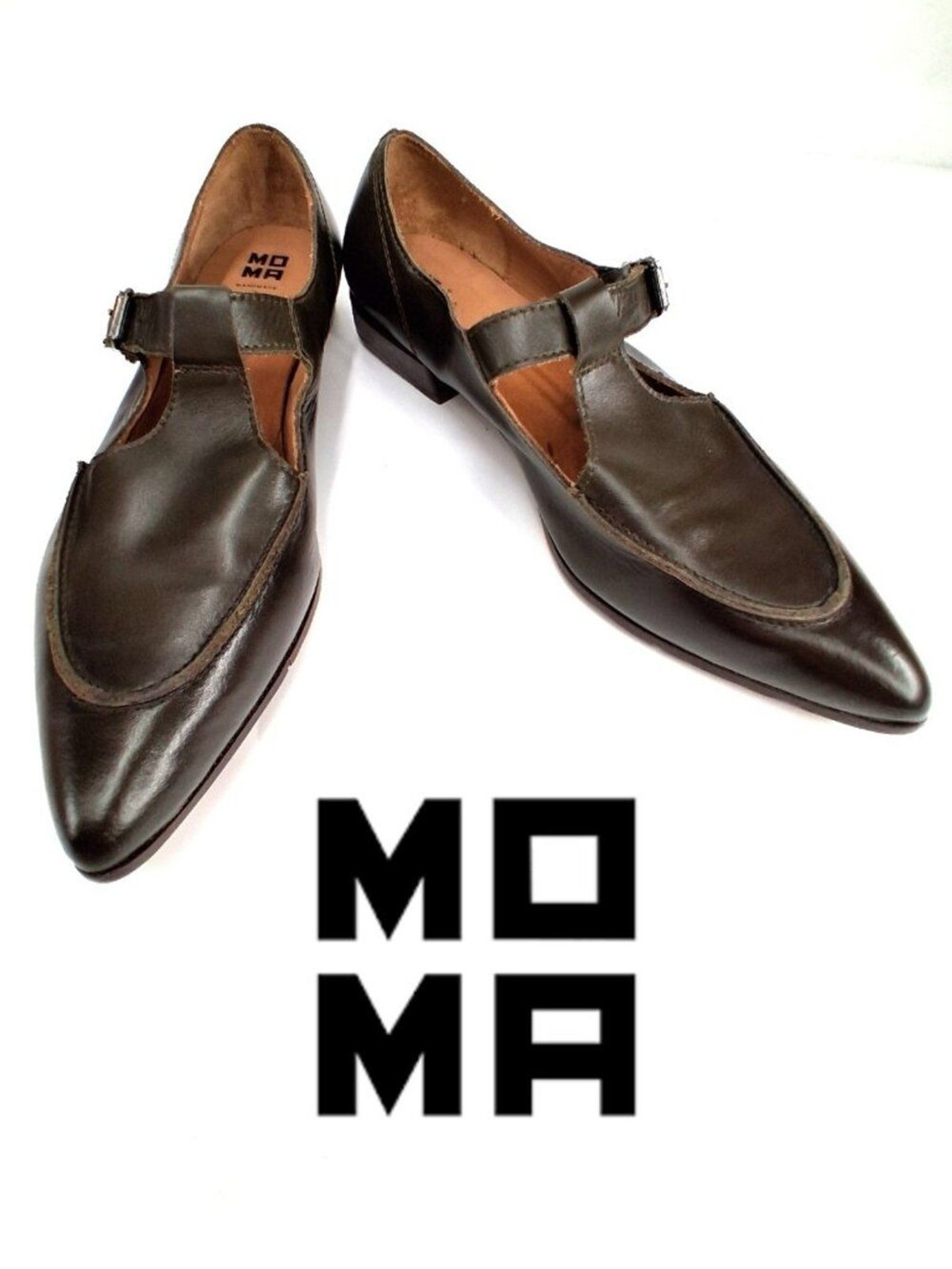 MOMA Handmade Leather Mary Jane T Strap Shoes Pointed Toe Brown Italy EU 41