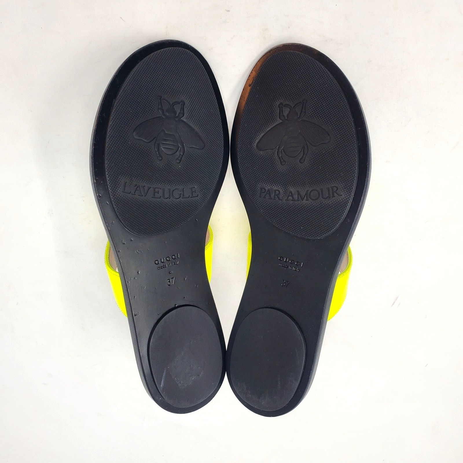 Gucci Marmont GG Sandal Thong Flat With Double G In Yellow Fluo Leather Size 37