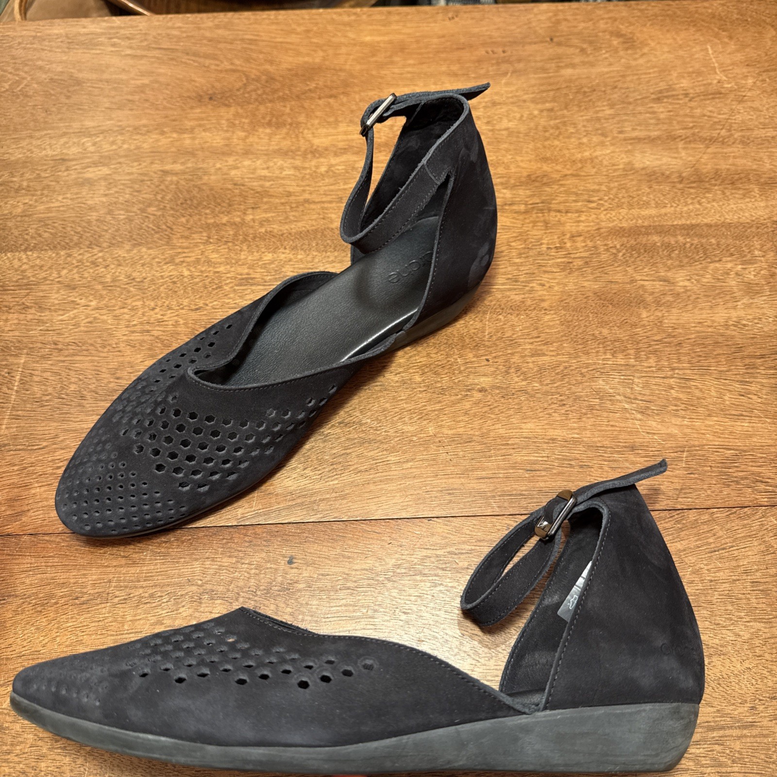 ARCHE Black Cut Out Leather Micro Suede Flats Ankle Strap France EU 42 US 10