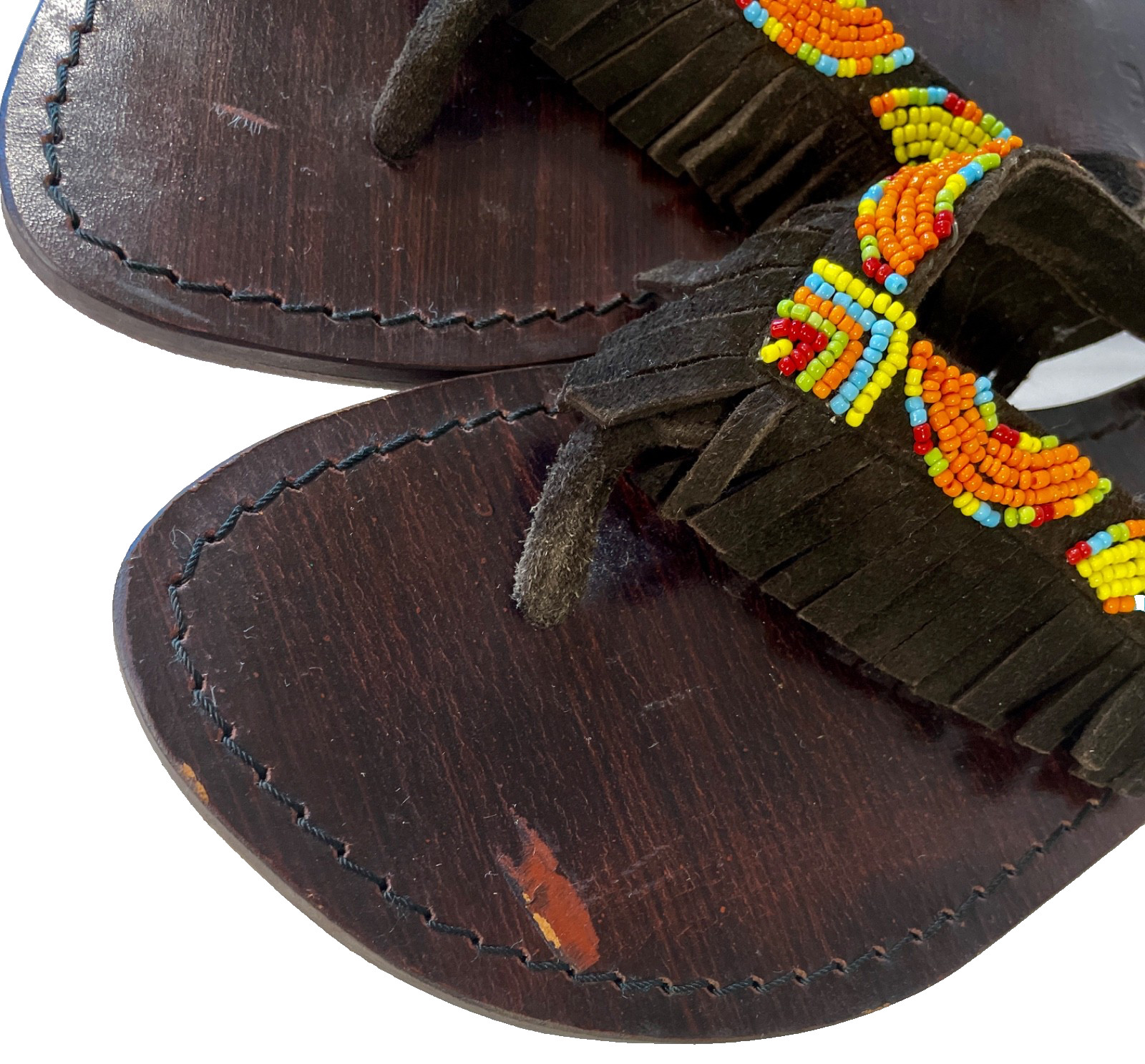 MYSTIQUE Handmade Beaded Suede Leather Fringe Thong Sandal 9 fits 8 Brown $240