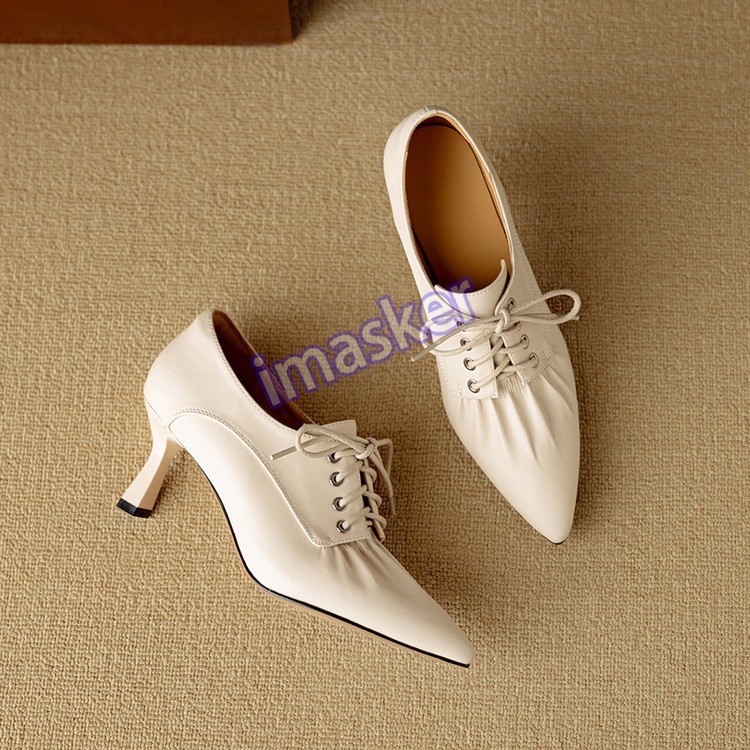 Womens Pointed Toe Real Leather 6.5cm Mid Stiletto Heel Lace Up Low Top Shoes Sz