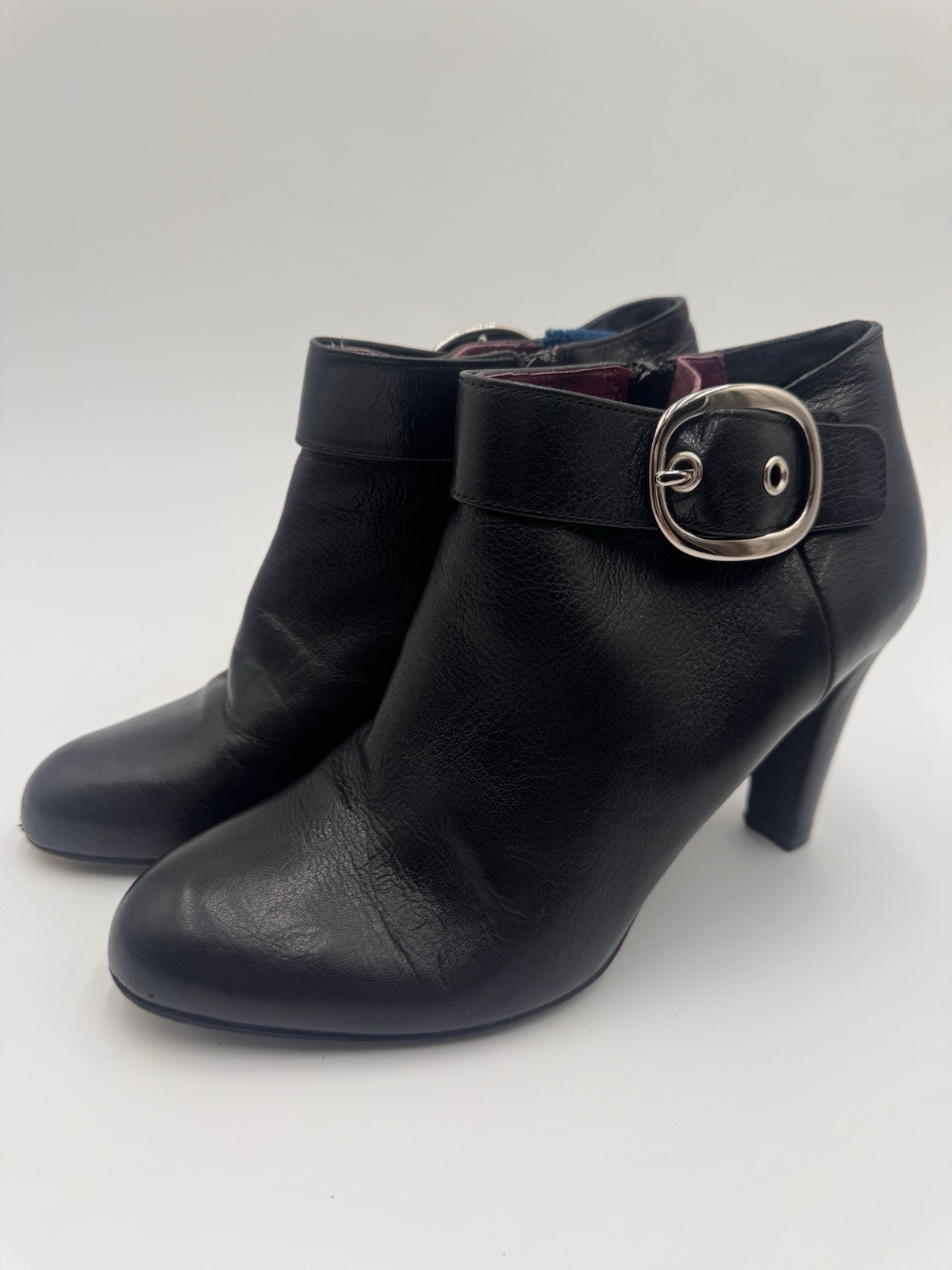 Coach Black Leather Nicolete Silver Tone Buckle 3.25″ Heel Bootie Boot 7.5