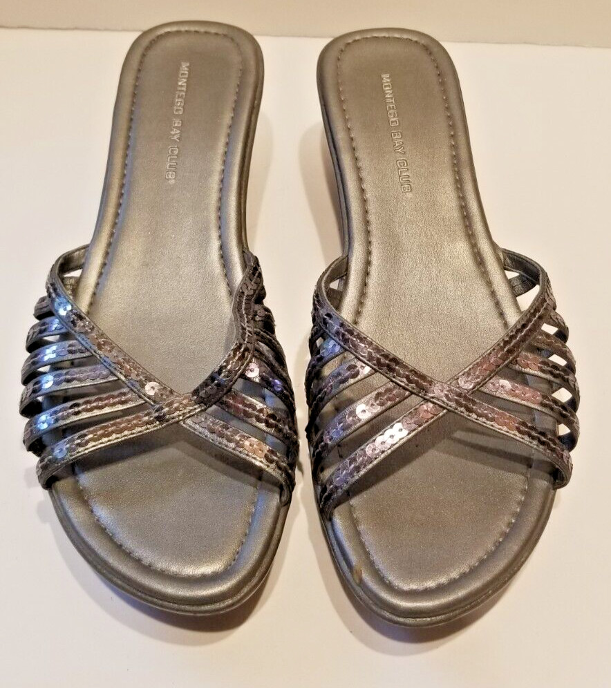 Women’s Silver Sequin Sandals Wedge Heel Slip-On Pewter US Size 9