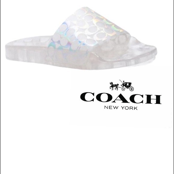 COACH Clear Iridescent Glitter Logo Jelly Pool Slides Slip On Sandals size us 7