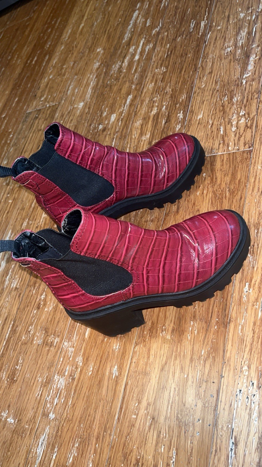 Urban Outfitters Red Croc-Embossed Chelsea Booties