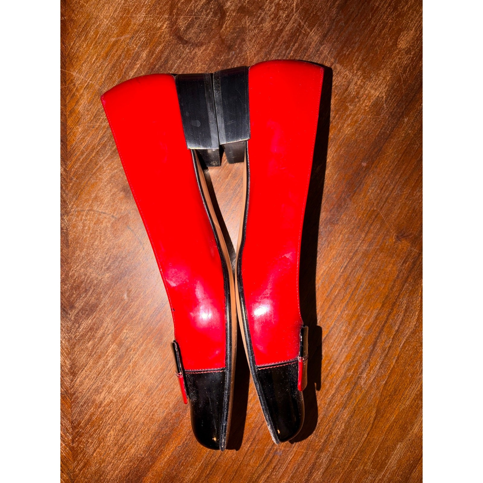 Salvatore Ferragamo Red Black Patent Leather Geometric Loafers 1” Heel Size 8 AA