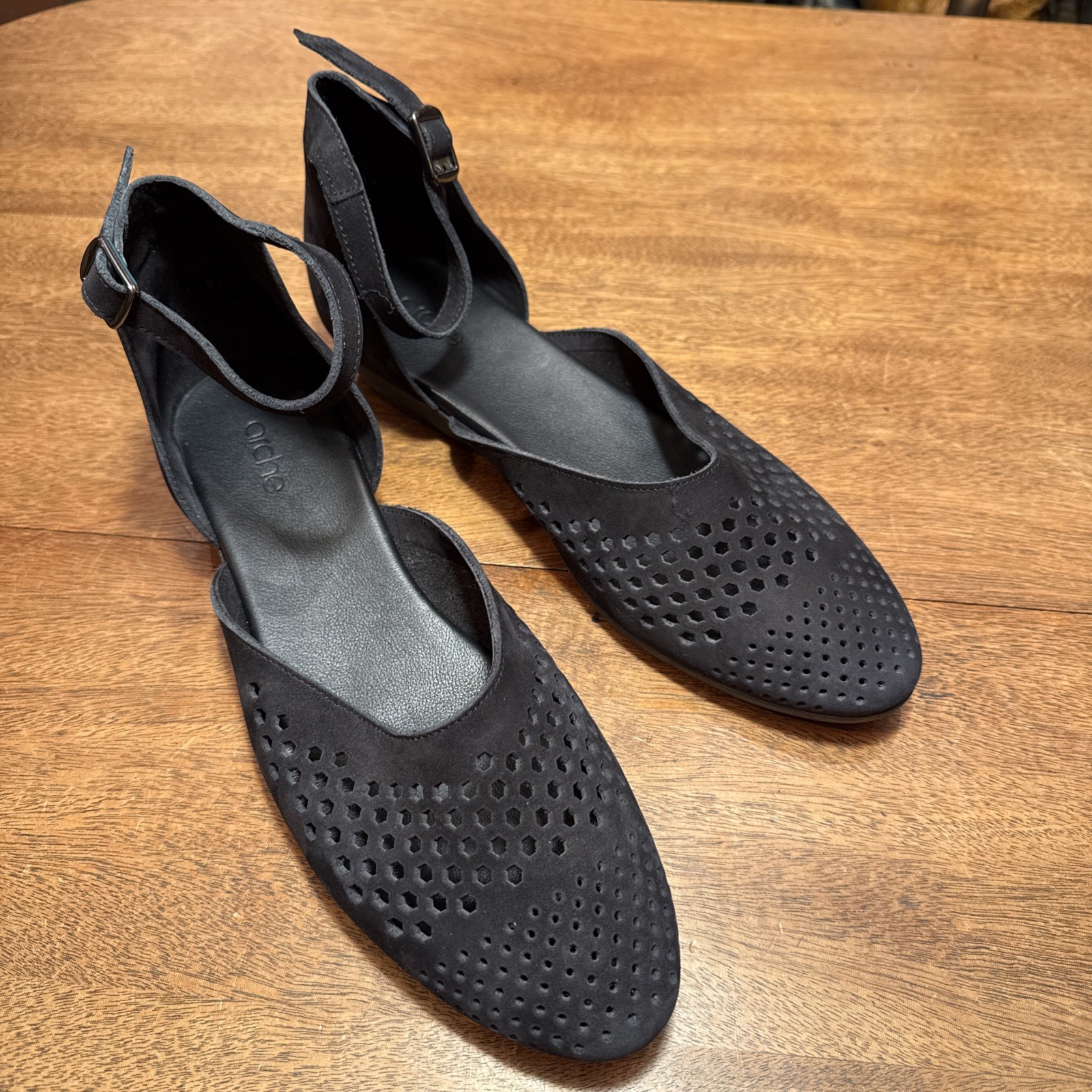 ARCHE Black Cut Out Leather Micro Suede Flats Ankle Strap France EU 42 US 10