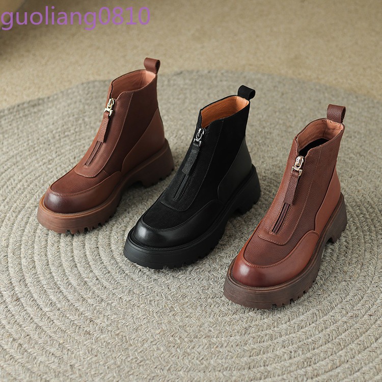 Women’s Leather Ankle Boots Round Toe Shoes Block Heel Zip Platform Fashion OL