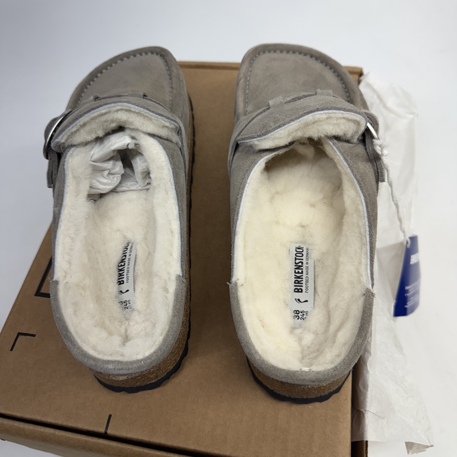 Birkenstock BUCKLEY Shearling Suede STONE Grey Clog Narrow Size 38 – US 7 L – M5