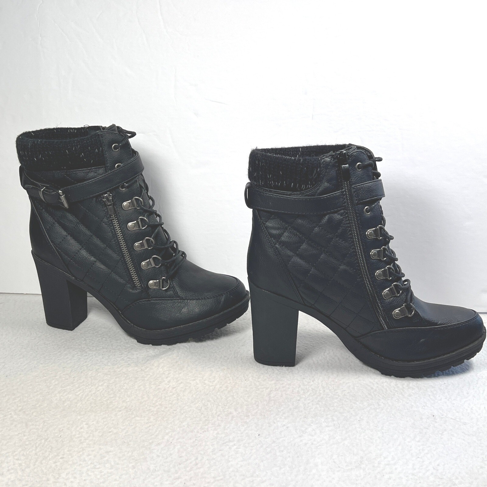 Global Win Black Ankle Boots Size 10 Lace Up Combat Chunky Gothic Zip Buckle