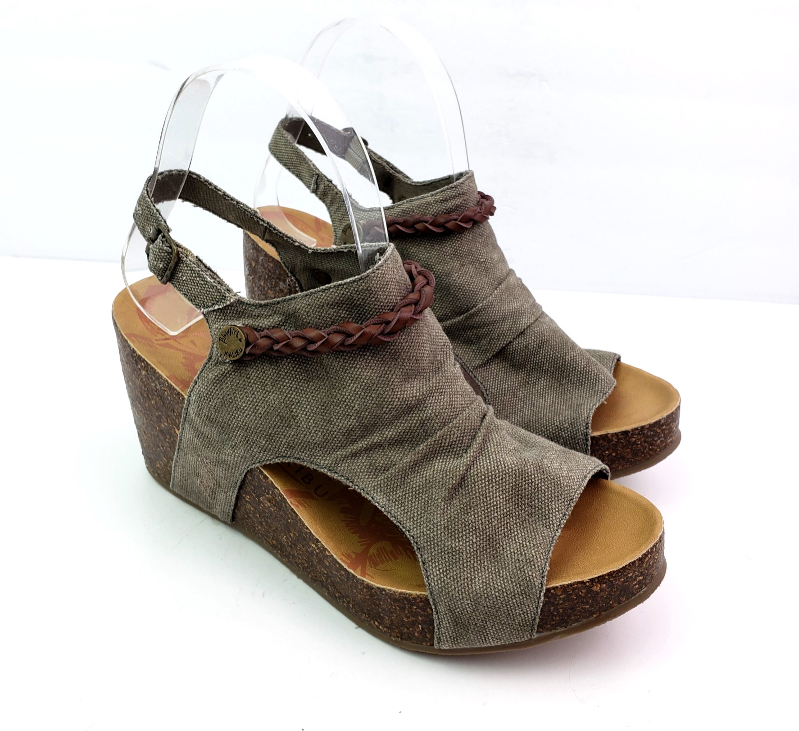 Blowfish Malibu Womens Size 7.5 Tan Green Canvas Cork 3.25″ Heel Wedge Sandals