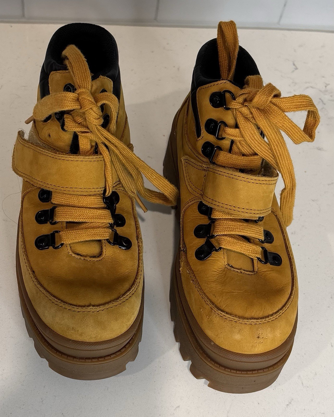 JEFFREY CAMPBELL Top Peak Platform Hiking Boots Mustard Yellow Lug Sole Chunky