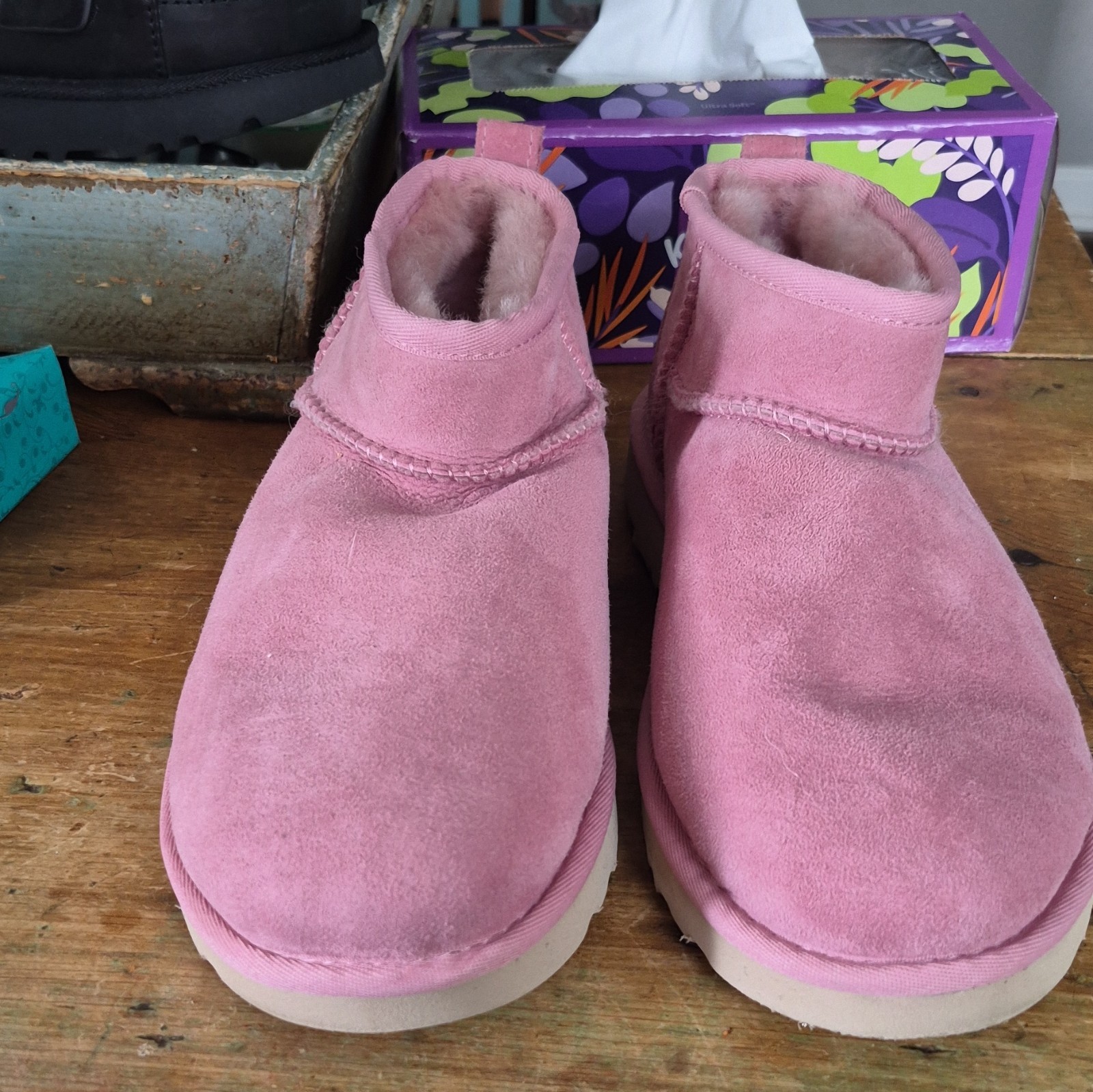 UGG Classic Ultra Mini Pink Suede Sheepskin Lined Ankle Bootie Round Toe 8