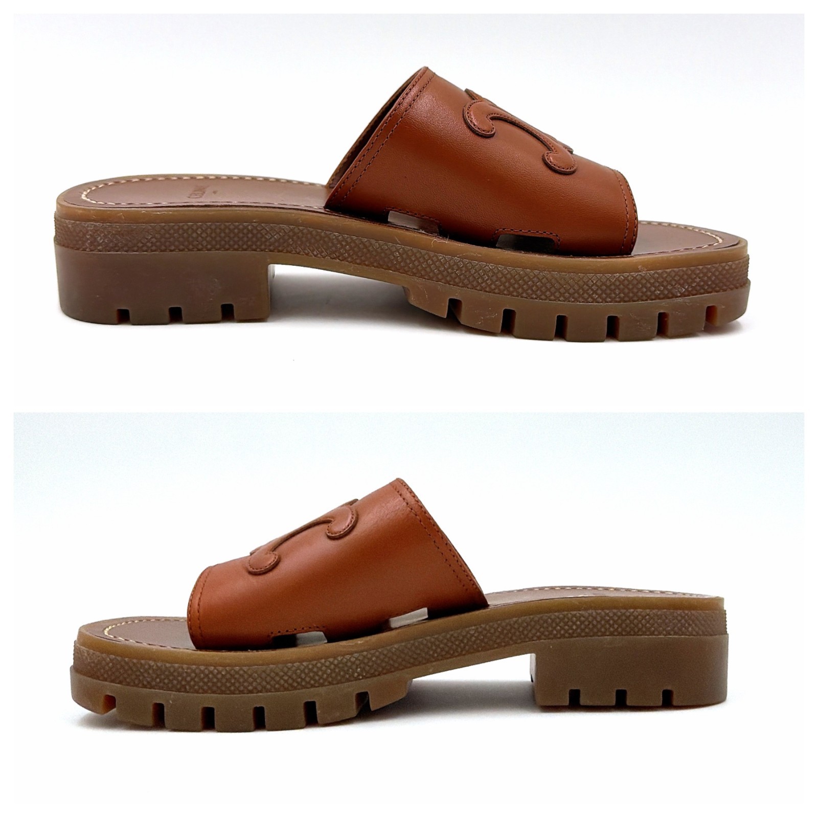 Celine Triomphe Claire Leather Slide Sandals Brown EU 34 Logo Embossed Italy