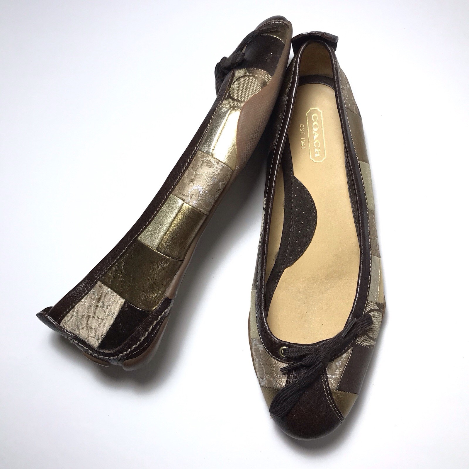 Coach Y2K Vintage Gold Monogram Patchwork Front Tie Ballet Flats Leather Size 10