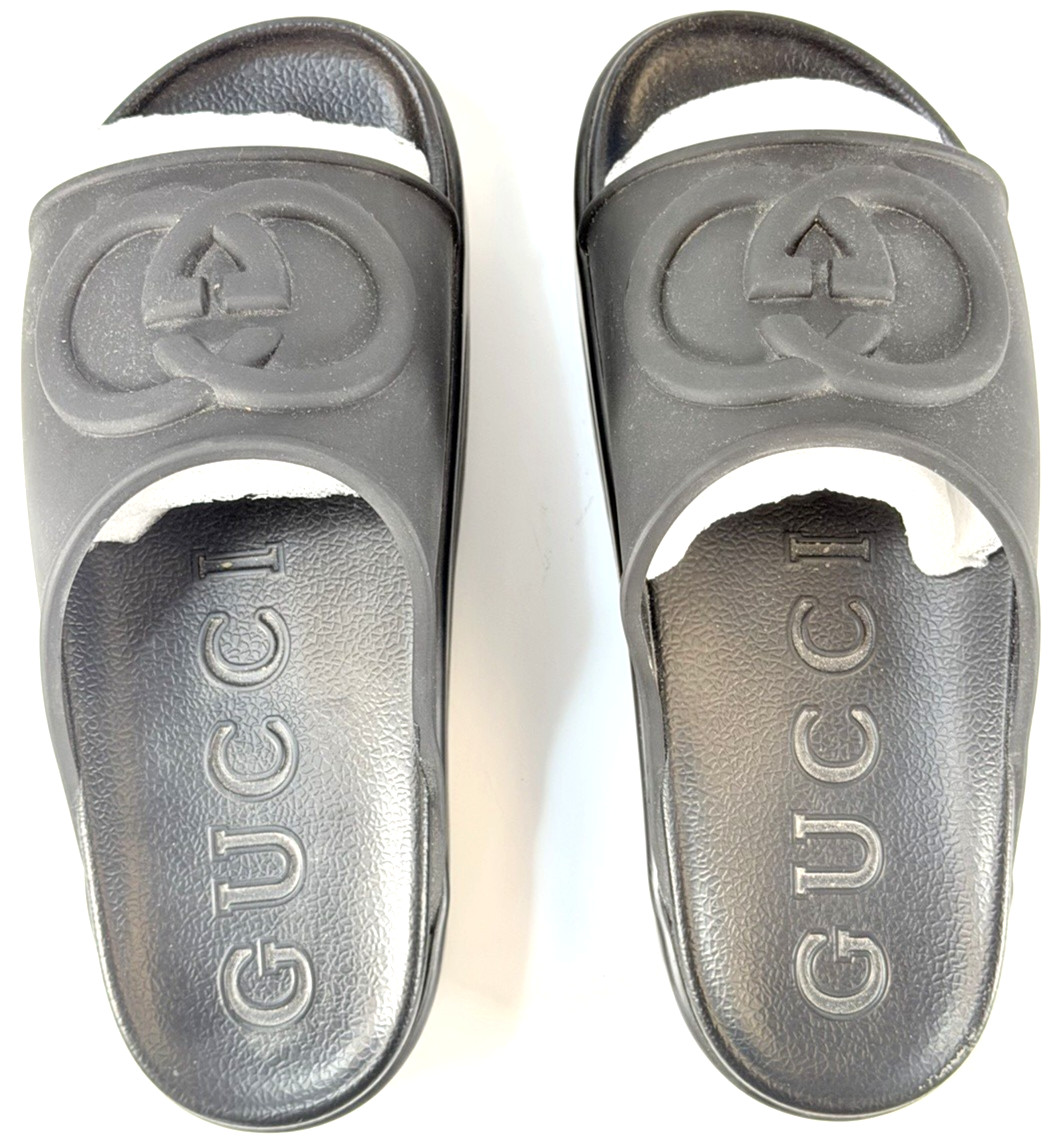 [GUCCI] Very Good Gucci Rubber Slides Black Double G Sandals Size (Women’s 9)