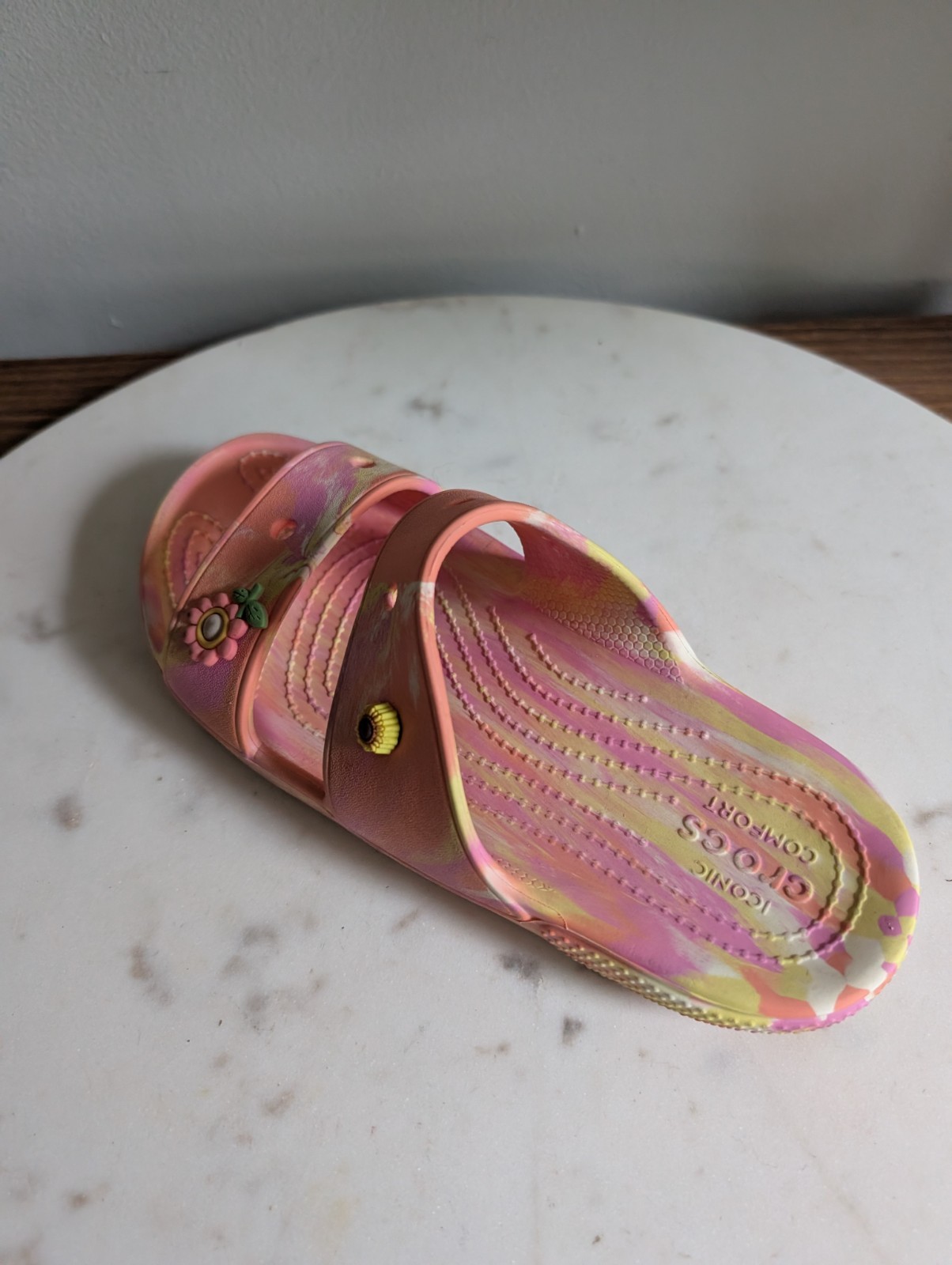 Crocs Iconic Comfort Women’s Slide Sandals Pink Yellow Marble Jibbitz Size W7