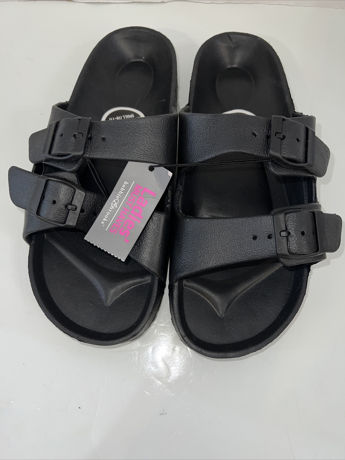 Bobbie Brooks Black Ladies Slip On Sandal Double Strap Choose Size 6-7 8-9 10-11
