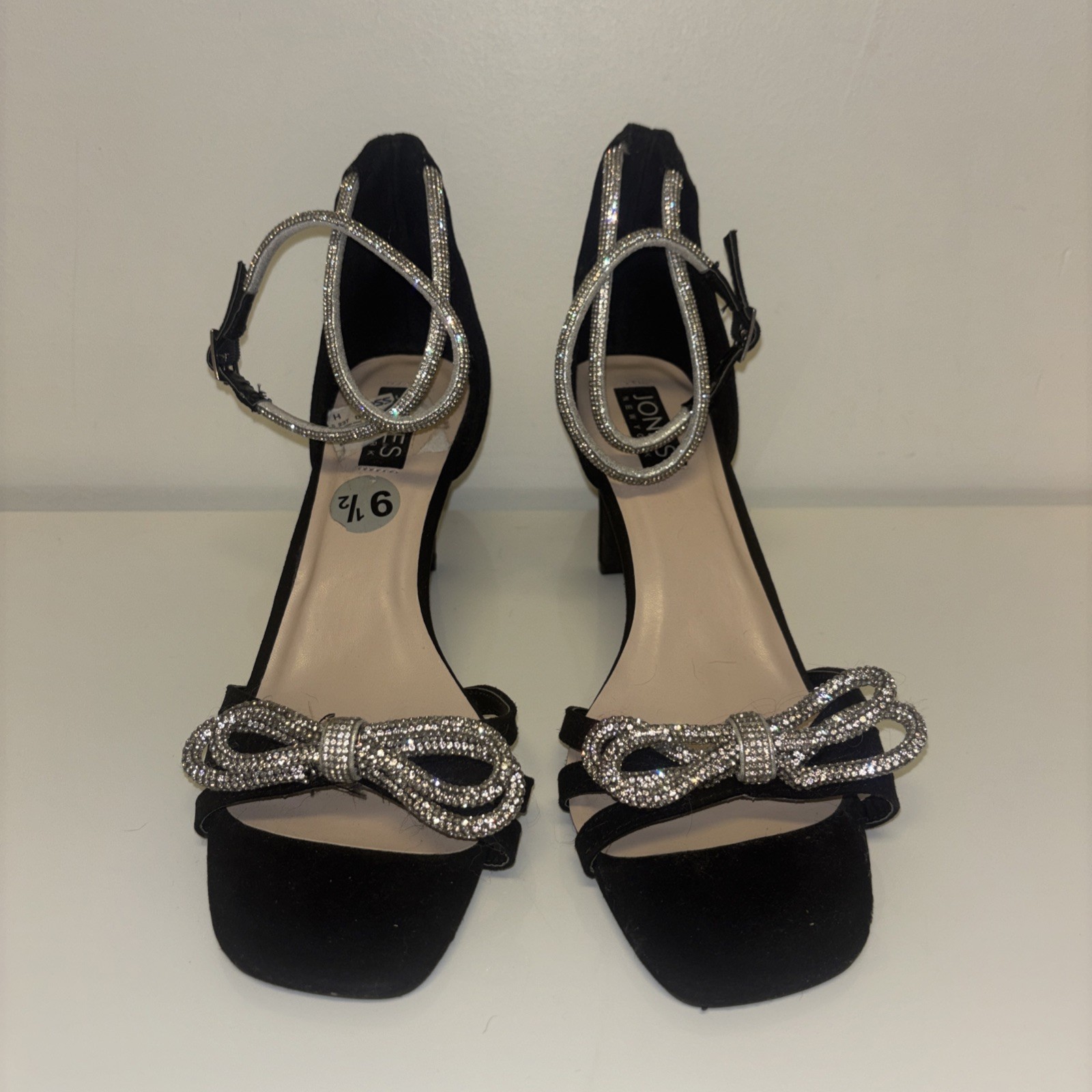 Jones New York Black Rhinestone Bow Ankle Strap Evening Heels Sandals 9.5
