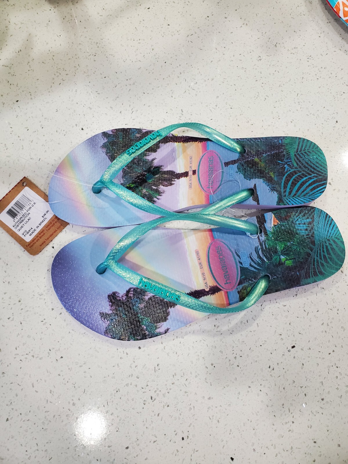 Havaianas Slim Iridescent Quiet Lilac Summer Flip Flops Palm Tree Size usa 9/10