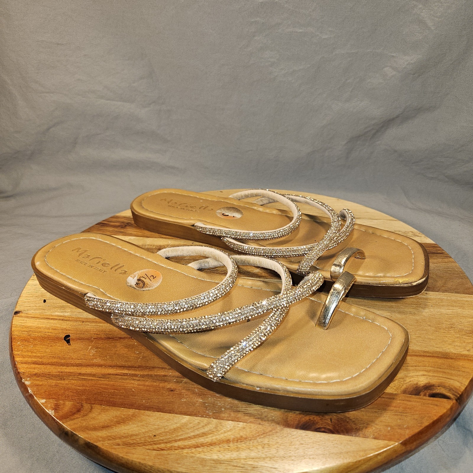 MARIELLA Sandals Womens 9.5 Gold Stoned Slip On Strappy Slides Made In Italy.