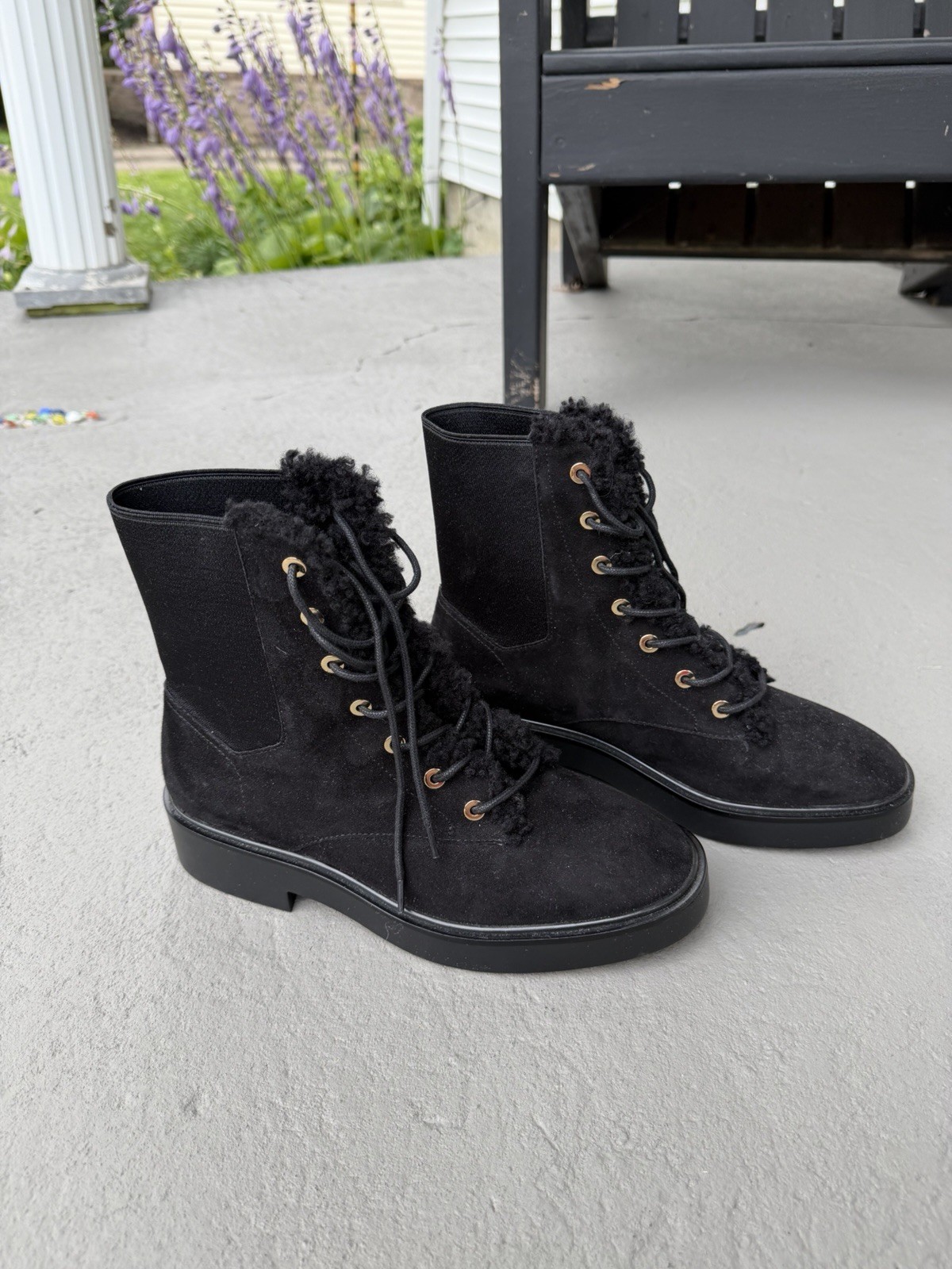 Stuart Weitzman Henley Chill Suede Shearling Combat Ankle Boots, Size 8