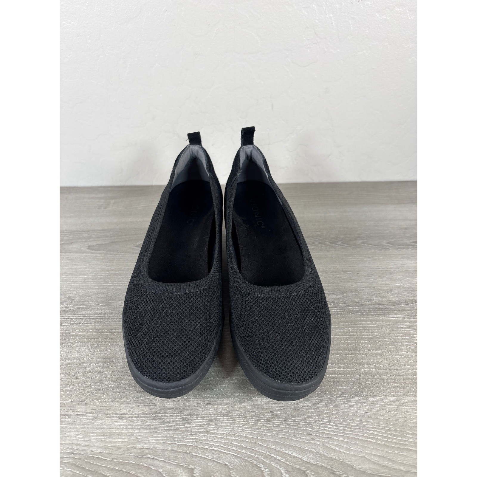 Vionic Jacey Knit Black Fabric Upper Slip-On Wedge Casual Comfort Shoes Sz 7.5