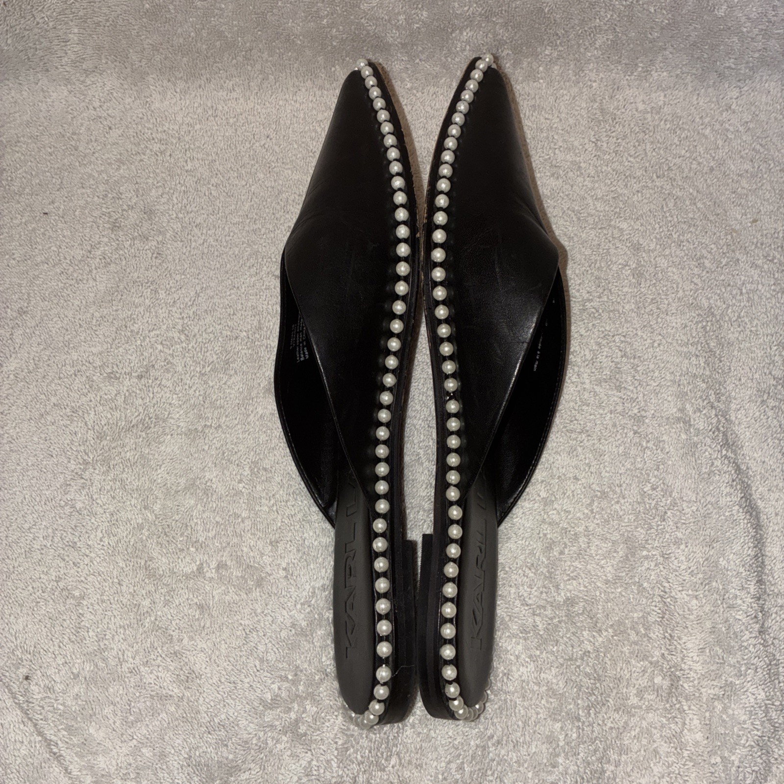 Karl Lagerfeld Paris Vyra Black Leather Faux Pearl Studded Mules Flats Sz 9.5M
