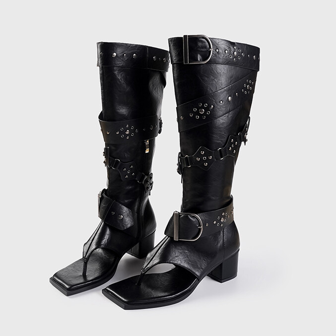 Summer Punk Womens Buckle Sandals Knee High Boots Block Heel Rivets Gothic Shoes