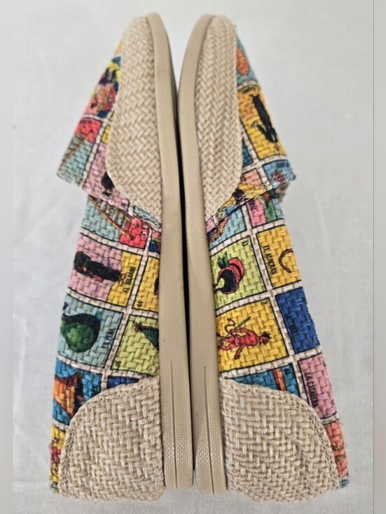 Calzaleon Lotería Print Espadrille Woven Multicolor Flats Art to Wear, 6-6.5