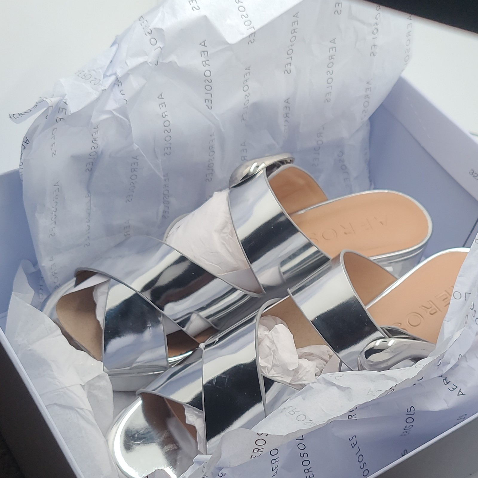 Aerosoles Silver Metallic Crisscross Buckle Slip-On Slide Sandals 9.5M