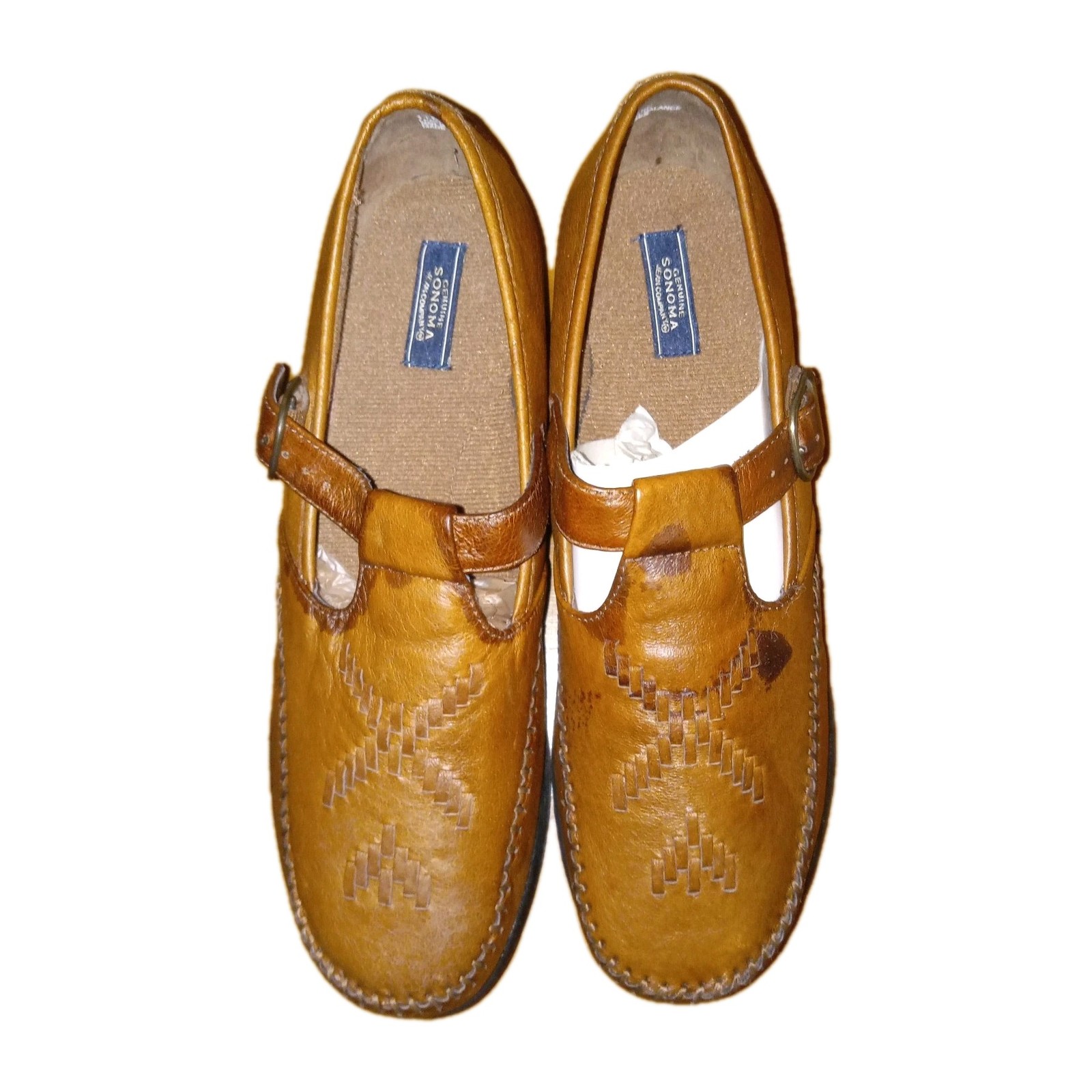 Vtg Sonoma Mary Jane Loafers Womens 11 Brown Woven Leather Buckle Preppy Boho