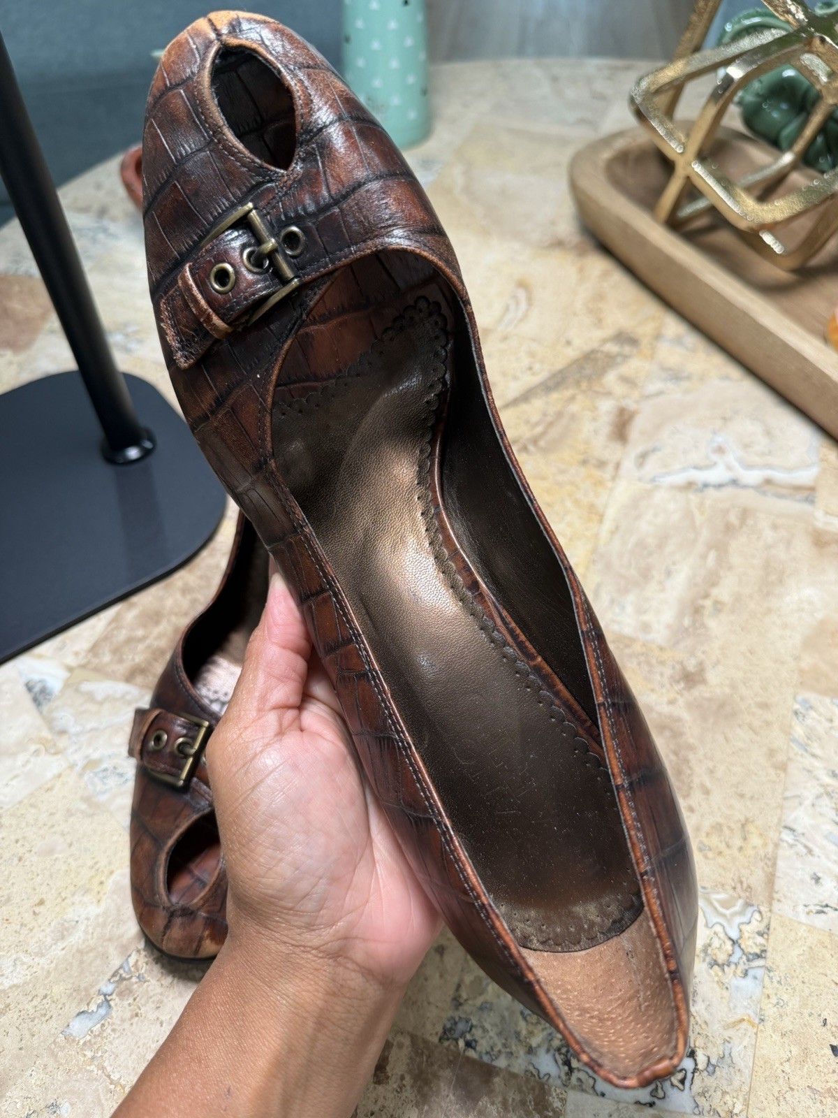 Cole Haan Brown Croc Embossed Leather Peep Toe Buckle Block Heel 11M