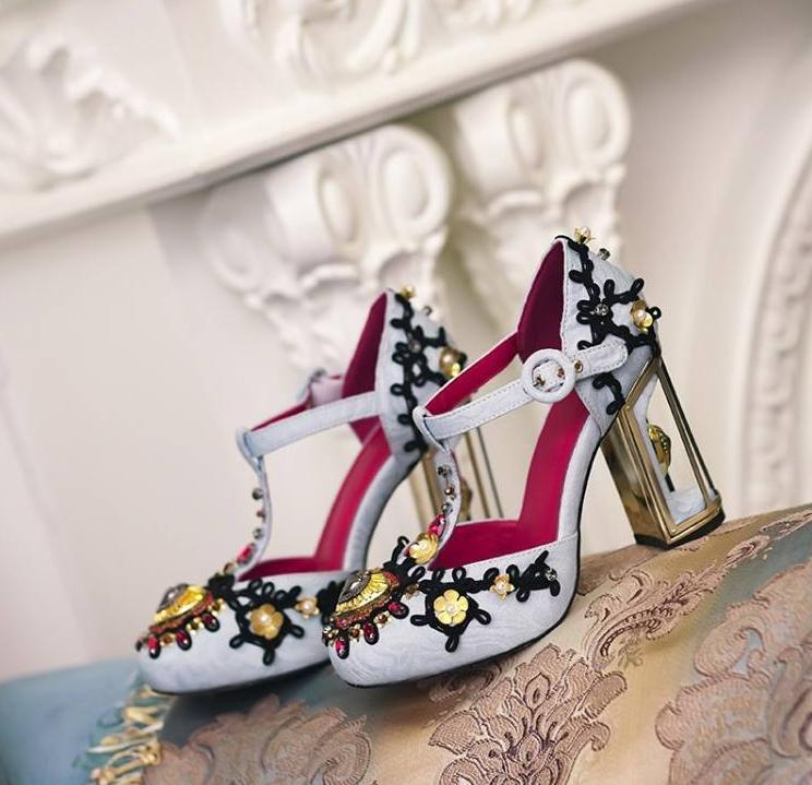 Womens Rhinestone Round Toe Block Heel Embroidered High Heel Wedding Shoes Hot