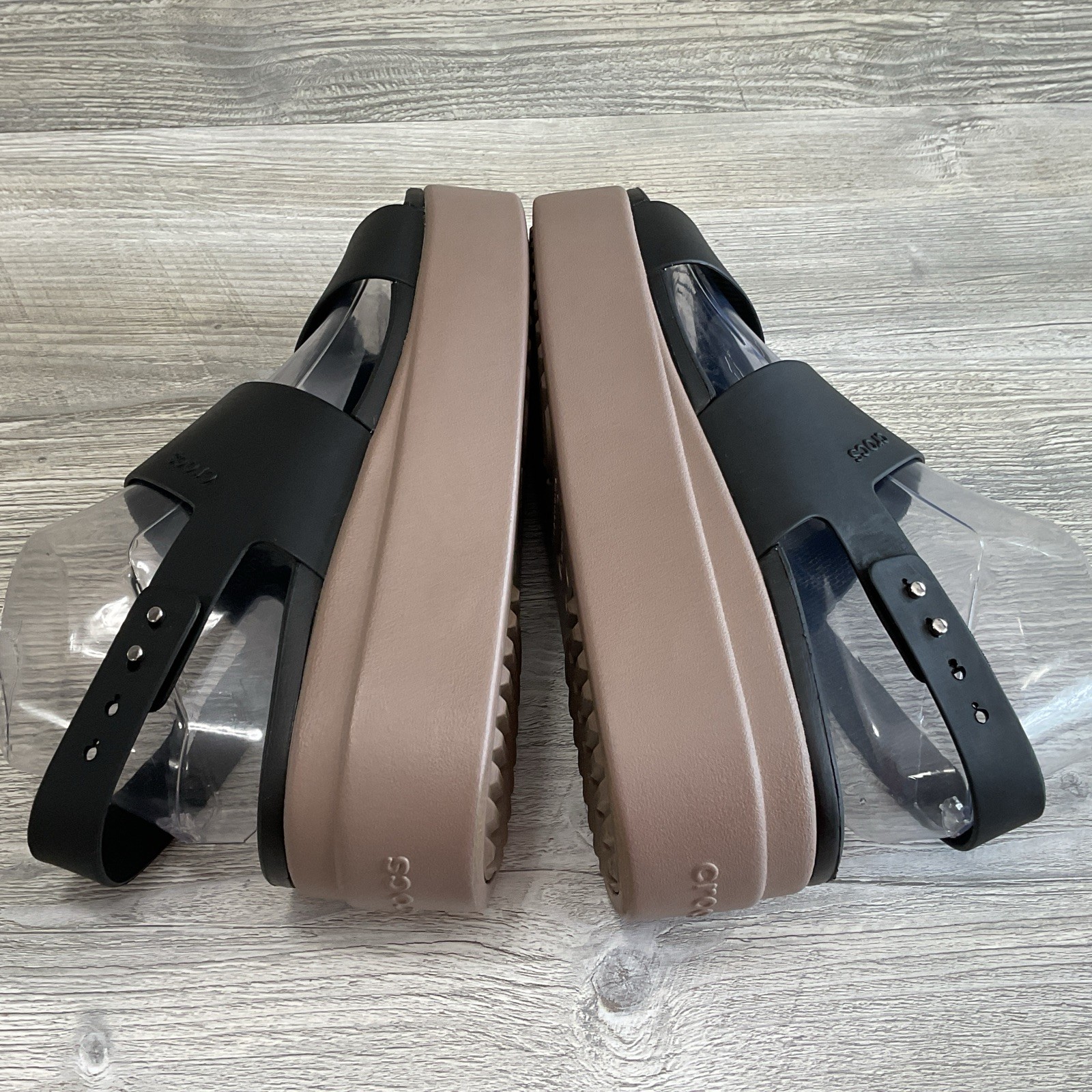 Crocs Literide Brooklyn Platform Black Slingback Beige Wedge Sandle Women’s 9 US