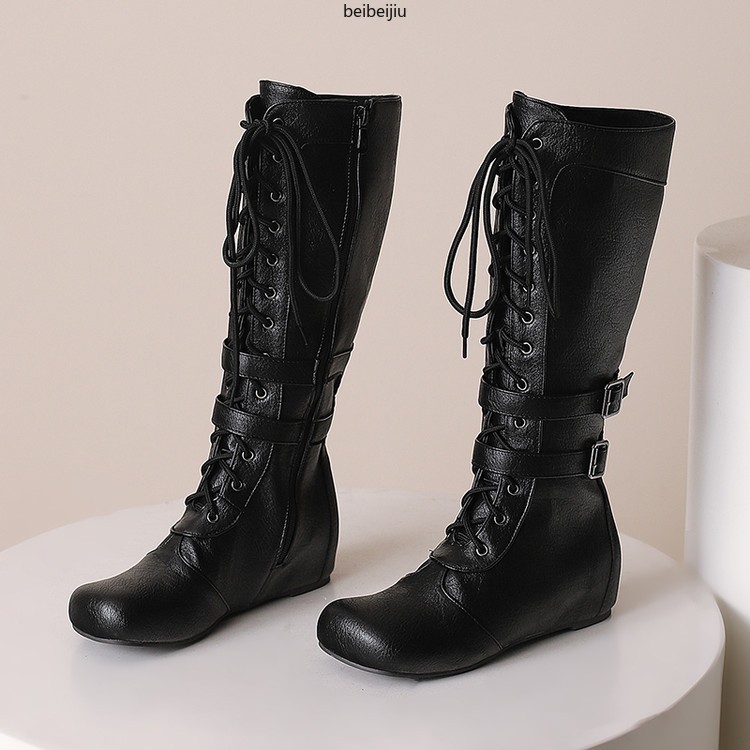 Women’s Mid Calf Hidden Wedge Heel Boots Lace Up Buckle Casual Shoes 48/49/50