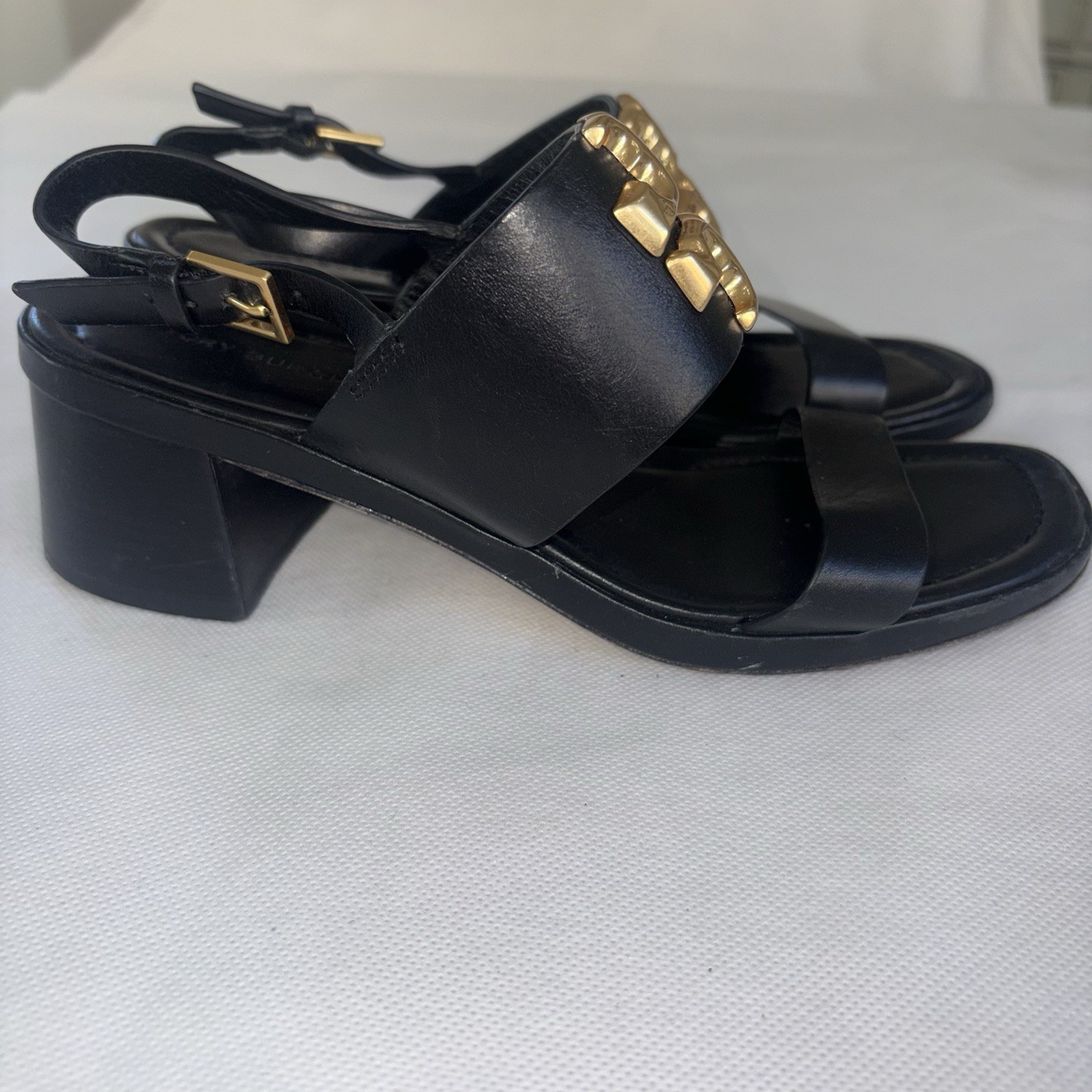 Tory Burch Eleanor Black Leather Block Heel Slingback Sandals US 6 Gold Logo