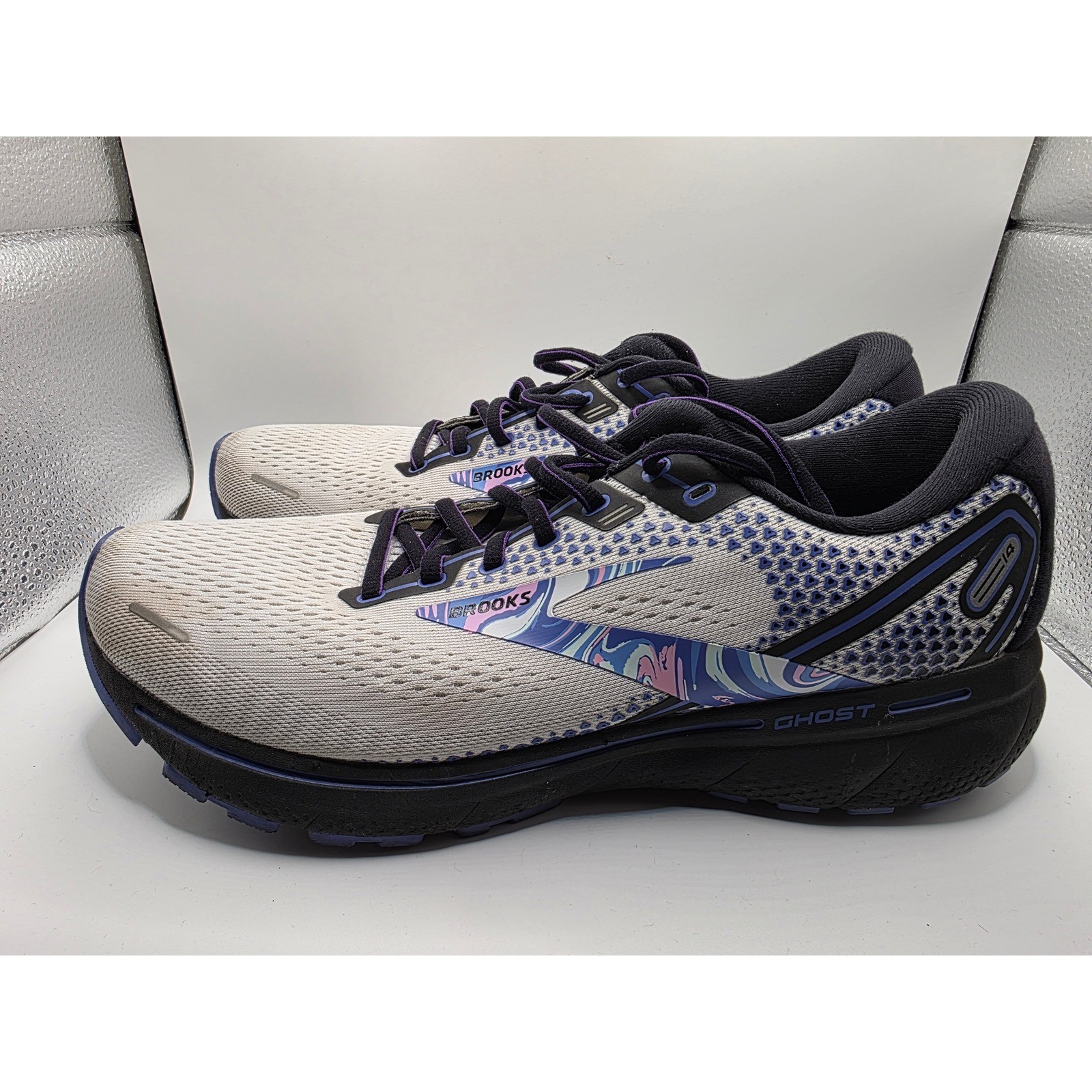 Brooks Ghost 14 WomensRunning Shoes White PurpleBlueMarbled 1103691D145 Size 9.5