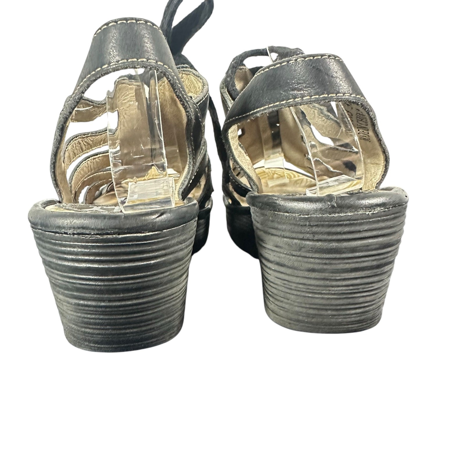 FLY London Wedge Sandals Sz 38 US 7 1/2-8 Lace-Up Gladiator Black Leather Yito