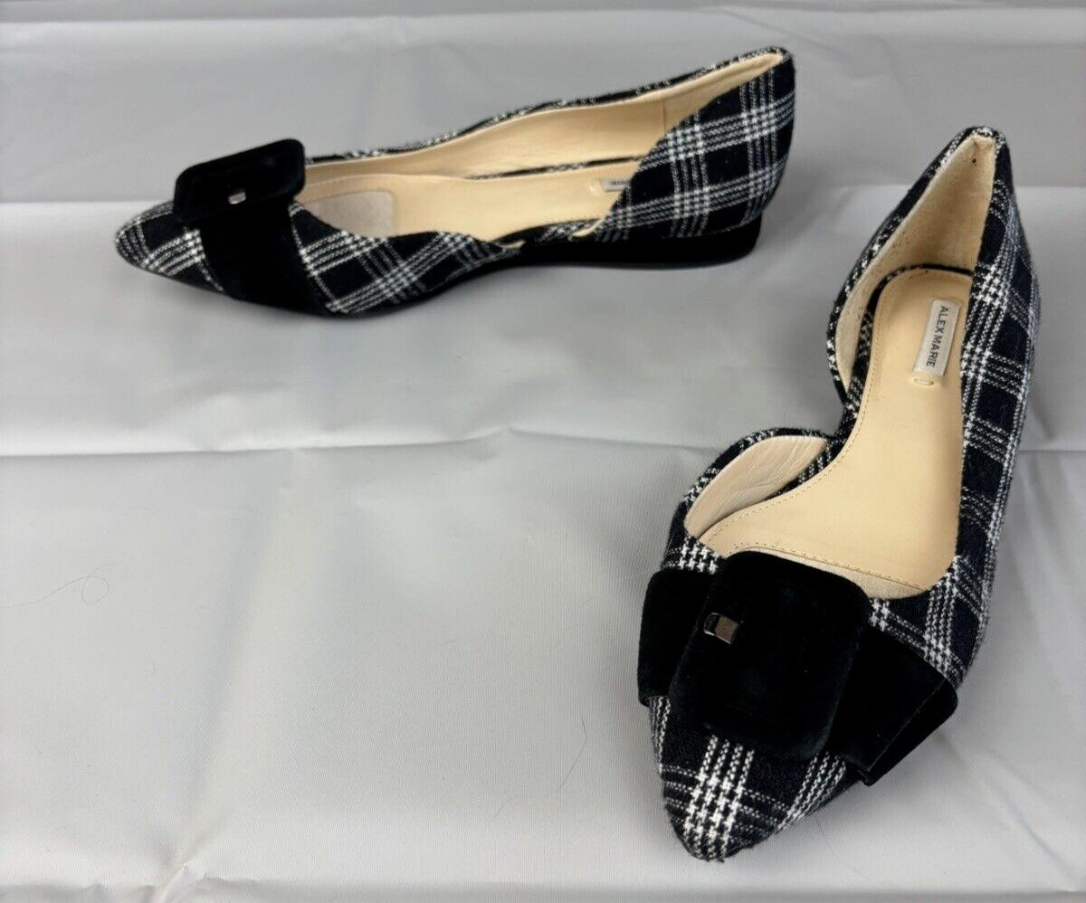 Gingham D’Orsay Alex Marie Plaid Flats Shoes Women’s 7 Black White Pointed Toe