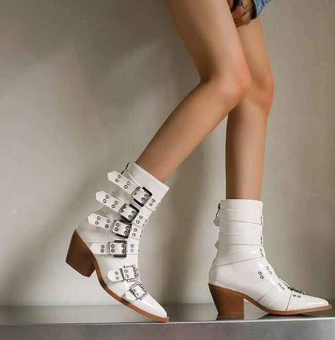 Women’s Pointed Toe Faux Leather Ankle Boots Punk Motor Casual Clubwear Shoes SZ