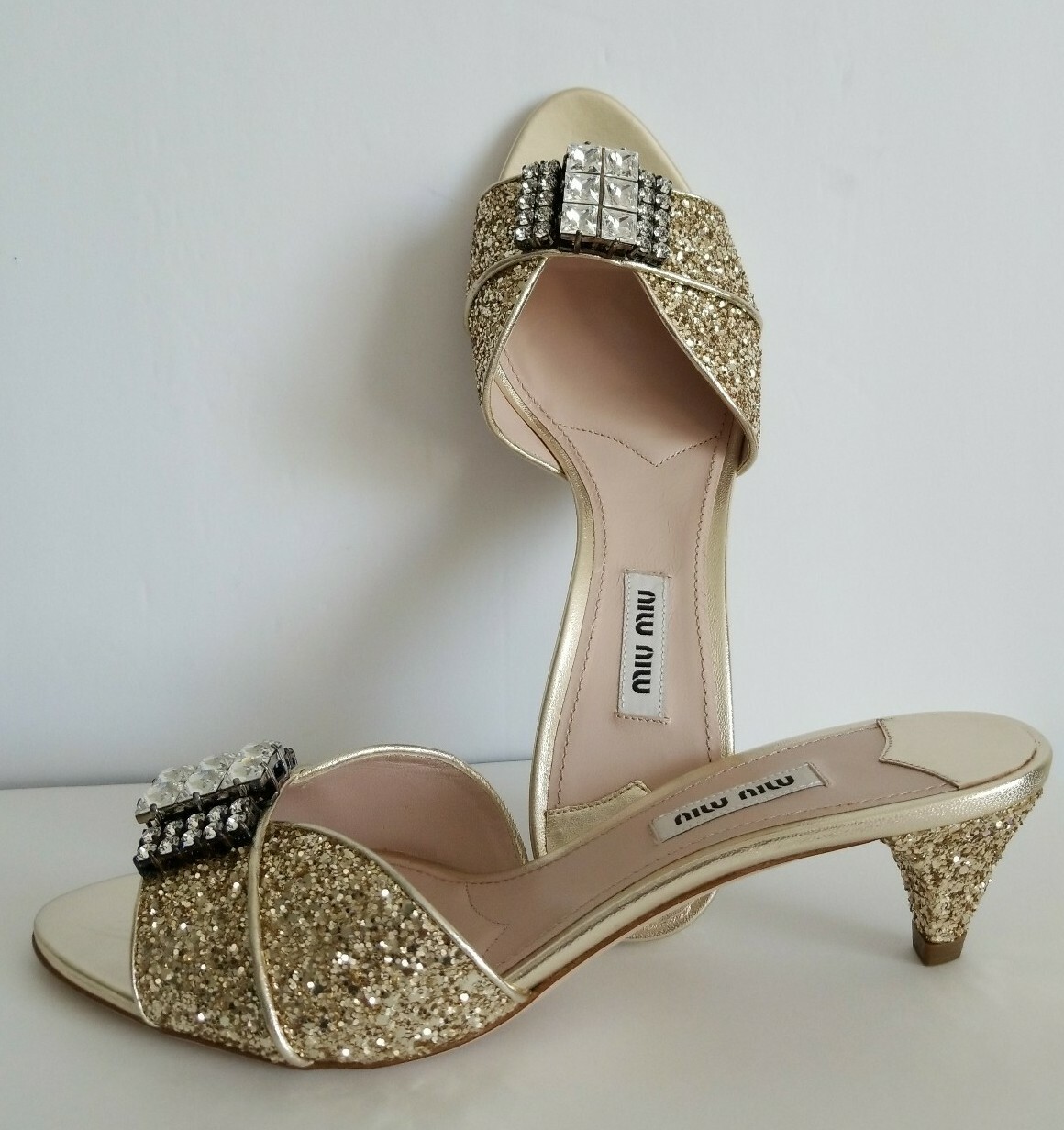 MIU MIU GOLD GLITTER SWAROVSKI CRYSTALS WEDDING MULES SLIDES EU 39 I LOVE SHOES