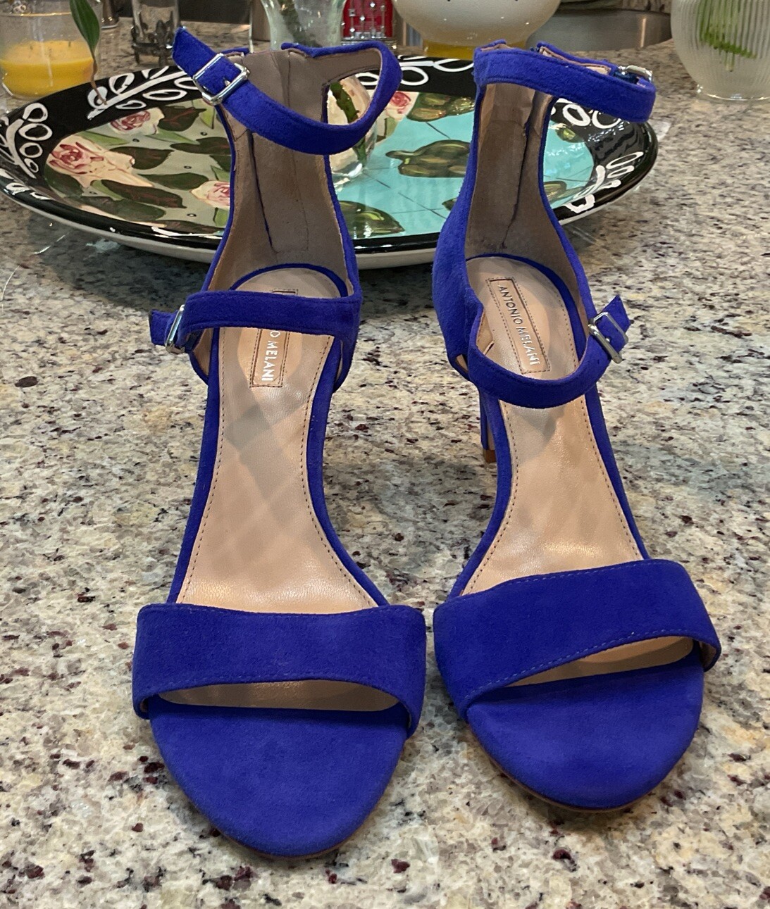 ANTONIO MELANI Womens Sz 8 M BALDTYN Blue Suede Double Strap-Zip Back High Heel