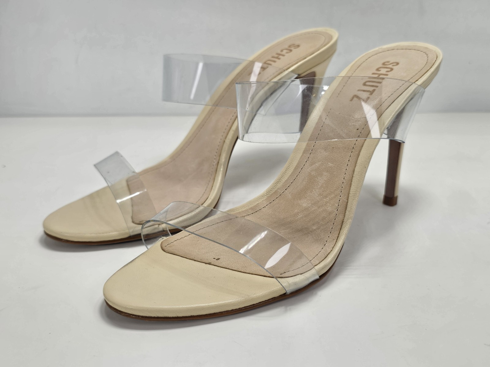 Schutz Ariella Suede High Heel Sandal Oyster Womens Size 8 nude double strap